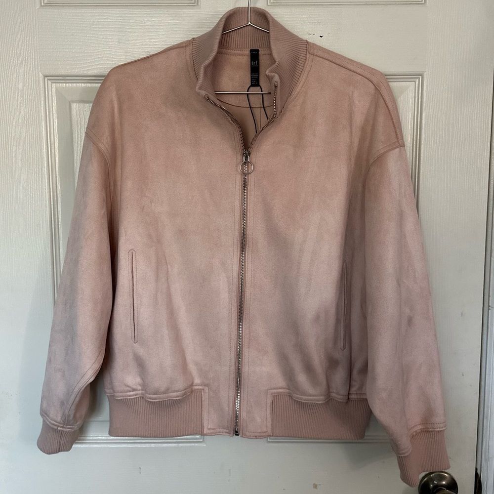 Zara trf Collection Blush Pink Faux Suede Zip Up Bomber Jacket Women Small NWOT